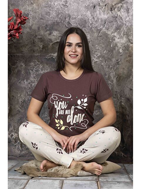 SUDE Bisiklet Yaka Baskılı Kadın Pijama Takımı - S4O924Z8-DMT