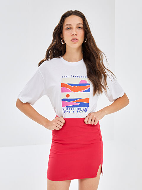 BLAİS Bisiklet Yaka Baskılı Kısa Kollu Oversize Kadın Tişört - S4O999Z8-Q6K