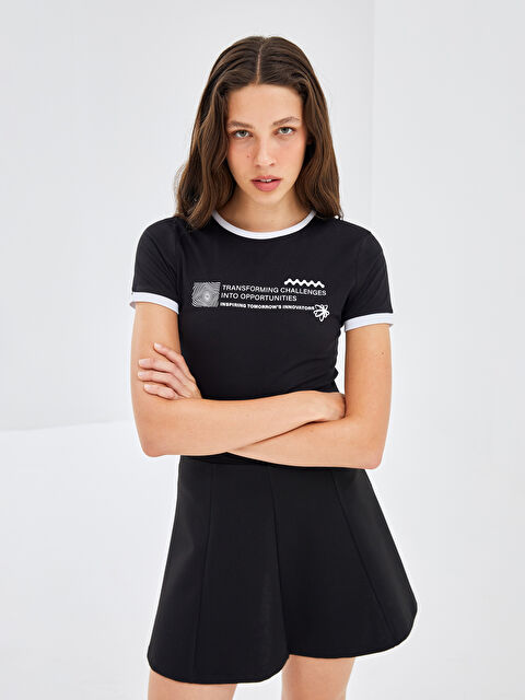 BLAİS Bisiklet Yaka Baskılı Kısa Kollu Kadın Tişört - S4OA31Z8-CVL