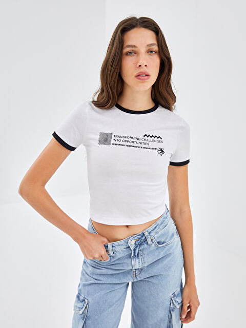 BLAİS Bisiklet Yaka Baskılı Kısa Kollu Kadın Tişört - S4OA31Z8-Q6K