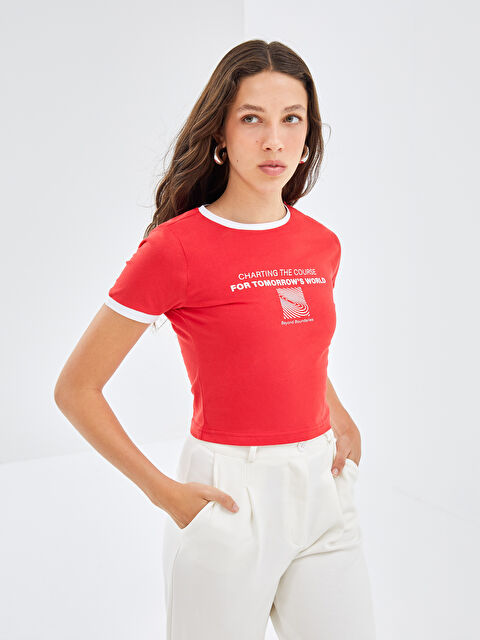 BLAİS Bisiklet Yaka Baskılı Kısa Kollu Kadın Tişört - S4OA31Z8-SWY