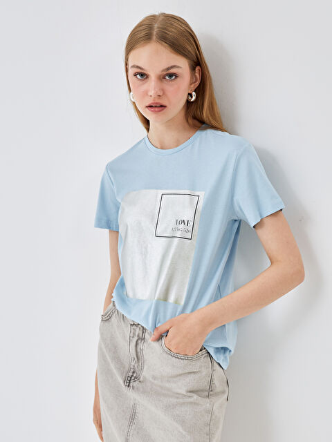 BLAİS Bisiklet Yaka Baskılı Kısa Kollu Kadın Tişört - S4OA33Z8-GEZ