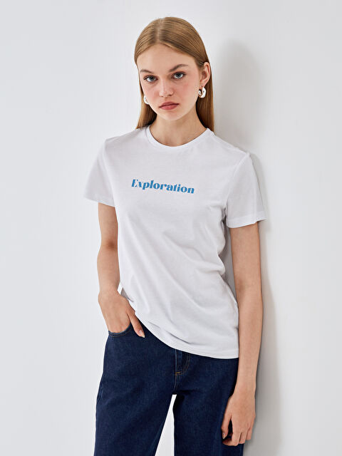 BLAİS Bisiklet Yaka Baskılı Kısa Kollu Kadın Tişört - S4OA34Z8-Q6K