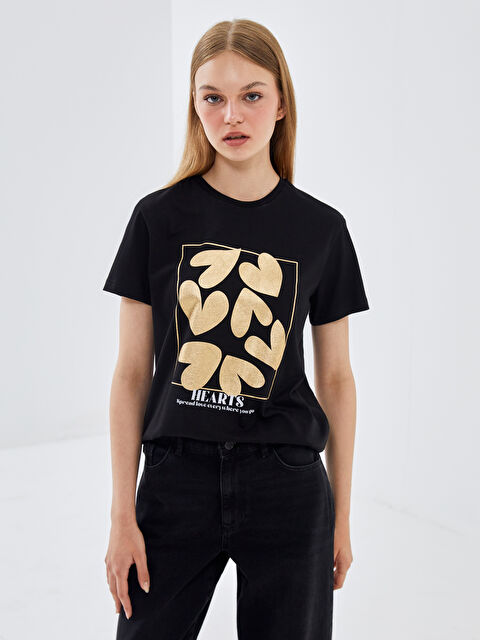 BLAİS Bisiklet Yaka Baskılı Kısa Kollu Kadın Tişört - S4OA36Z8-CVL