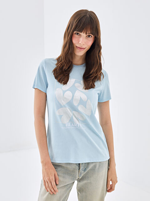 BLAİS Bisiklet Yaka Baskılı Kısa Kollu Kadın Tişört - S4OA36Z8-GEZ