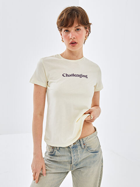 BLAİS Bisiklet Yaka Baskılı Kısa Kollu Kadın Tişört - S4OA37Z8-FFR