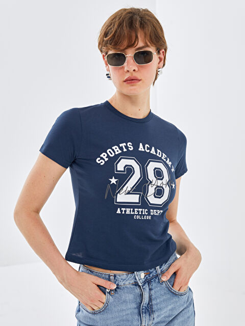 BLAİS Bisiklet Yaka Baskılı Kısa Kollu Kadın Tişört - S4OA41Z8-RFH