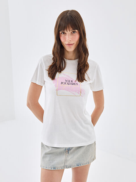 BLAİS Bisiklet Yaka Baskılı Kısa Kollu Kadın Tişört - S4OA45Z8-R9J