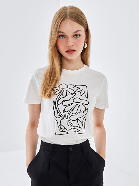 BLAİS Bisiklet Yaka Baskılı Kısa Kollu Kadın Tişört - S4OA46Z8-R9J