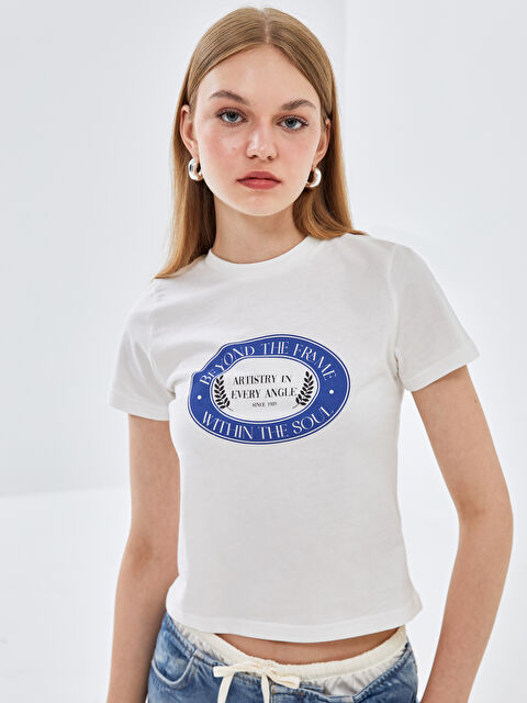 BLAİS Bisiklet Yaka Baskılı Kısa Kollu Kadın Tişört - S4OA47Z8-R9J