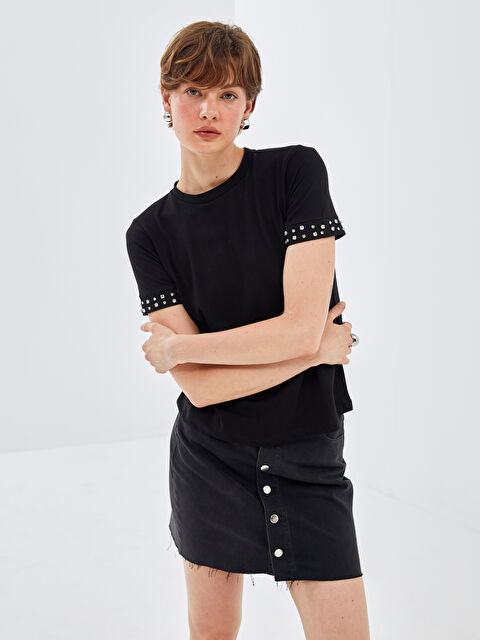 BLAİS Bisiklet Yaka Parlak Taşlı Kısa Kollu Kadın Tişört - S4OA99Z8-CVL