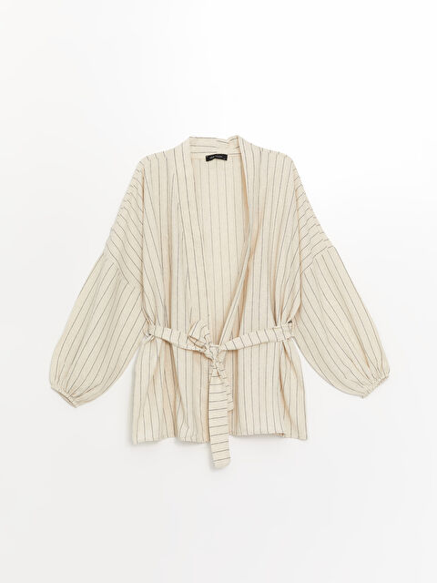 LCW Vision Şal Yaka Çizgili Uzun Kollu Oversize Keten Karışımlı Kadın Kimono - S4OF52Z8-LE8