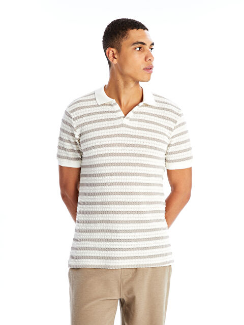 XSIDE Polo Neck Short Sleeve Striped Men's Textured T-Shirt - S4OG15Z8-LEA