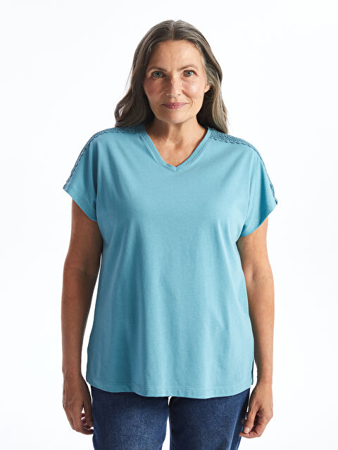 LCW Grace V Yaka Dantel Detaylı Kısa Kollu Kadın Bluz - S4OG26Z8-GTH