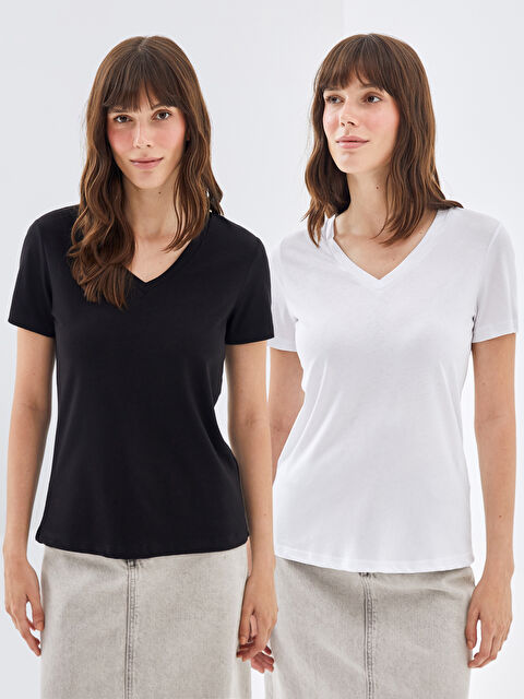 BLAİS V Yaka Düz Kısa Kollu Oversize Kadın Tişört 2'li - S4ON38Z8-HM7