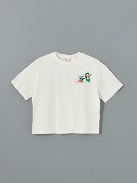 LCW Kids Bisiklet Yaka Lilo ve Stitch Baskılı Kız Çocuk Crop Tişört - S4OT31Z4-R9J