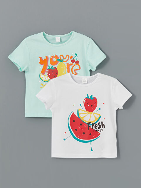 LCW Kids Bisiklet Yaka Meyve Baskılı Kız Çocuk Tişört 2'li - S4OT49Z1-FPE