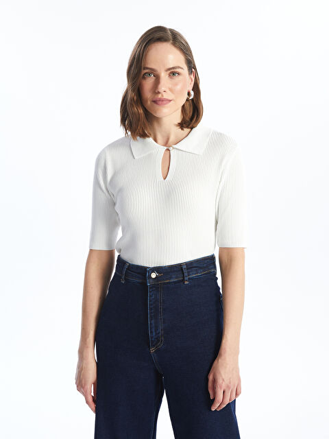 LCWAIKIKI Basic Polo Yaka Düz Kısa Kollu Kadın Triko Kazak - W40173Z8-R9J