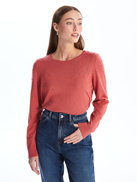 LCWAIKIKI Basic Bisiklet Yaka Kendinden Desenli Uzun Kollu Kadın Triko Kazak - W40248Z8-H1W