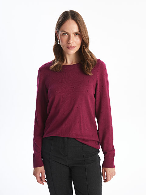 LCWAIKIKI Basic Bisiklet Yaka Kendinden Desenli Uzun Kollu Kadın Triko Kazak - W40248Z8-HLE