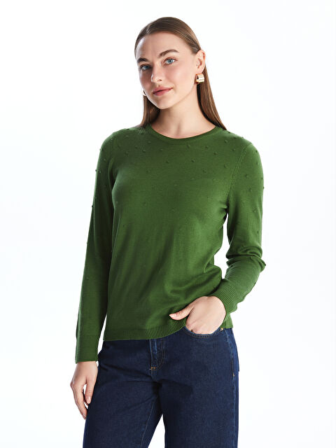 LCWAIKIKI Basic Bisiklet Yaka Kendinden Desenli Uzun Kollu Kadın Triko Kazak - W40248Z8-R35