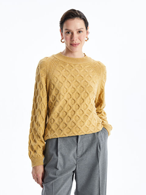 LCWAIKIKI Basic Bisiklet Yaka Kendinden Desenli Kadın Triko Kazak - W40253Z8-GBM