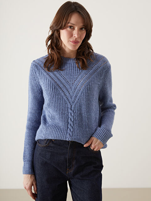 LCWAIKIKI Basic Bisiklet Yaka Ajurlu Kadın Triko Kazak - W40254Z8-GNQ