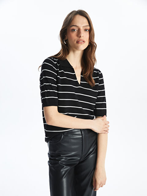 LCWAIKIKI Basic Polo Yaka Çizgili Kısa Kollu Kadın Triko Kazak - W40276Z8-LEG