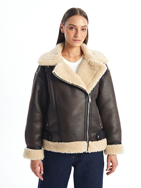 LCW Vision Kürk Yaka Oversize Kadın Deri Görünümlü Mont - W40397Z8-VKD