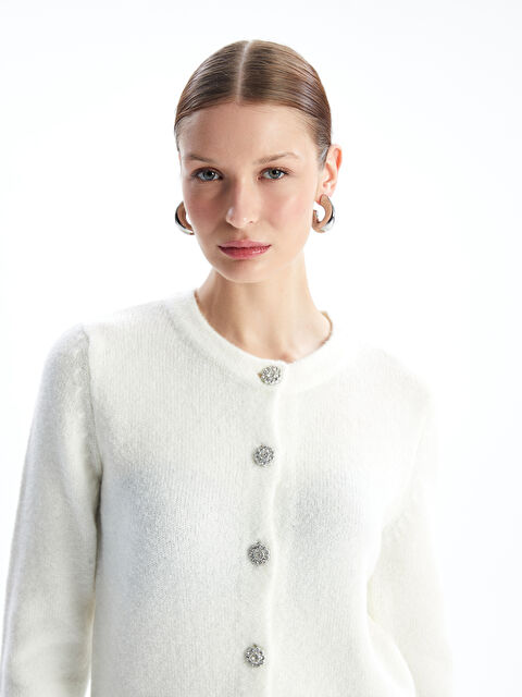 LCWAIKIKI Basic Bisiklet Yaka Düz Uzun Kollu Kadın Triko Hırka - W40463Z8-R9J