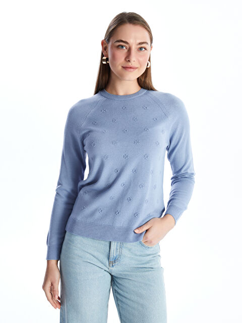 LCWAIKIKI Basic Bisiklet Yaka Çiçekli Kadın Triko Kazak - W40466Z8-GNQ