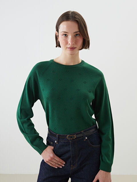 LCWAIKIKI Basic Bisiklet Yaka Çiçekli Kadın Triko Kazak - W40466Z8-HPX