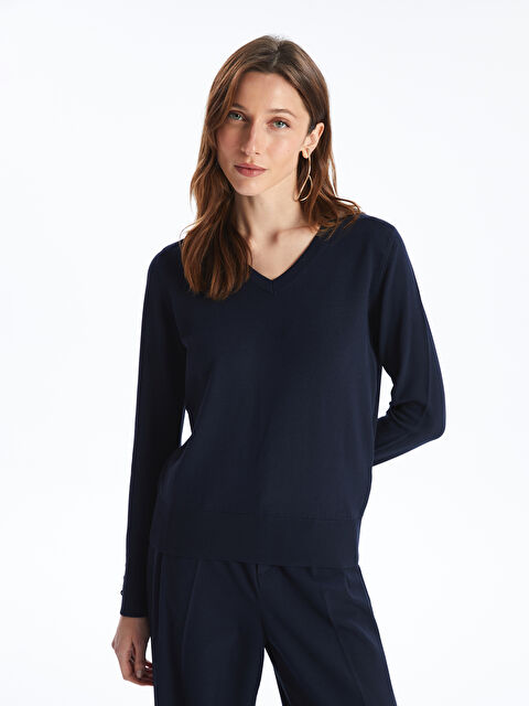 LCWAIKIKI Basic V Yaka Düz Uzun Kollu Kadın Triko Kazak - W40596Z8-E1J