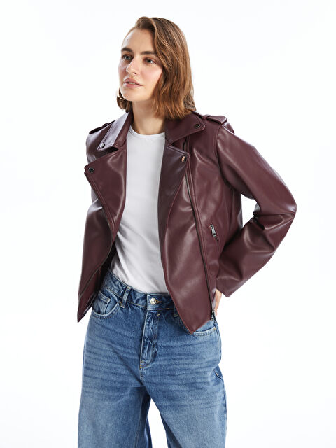 LCWAIKIKI Classic Biker Yaka Kadın Deri Görünümlü Ceket - W40789Z8-HEZ