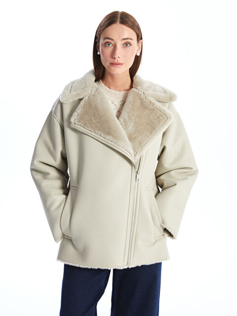 LCWAIKIKI Classic Kadın Biker Yaka Düz Deri Görünümlü Mont - W40790Z8-FMC