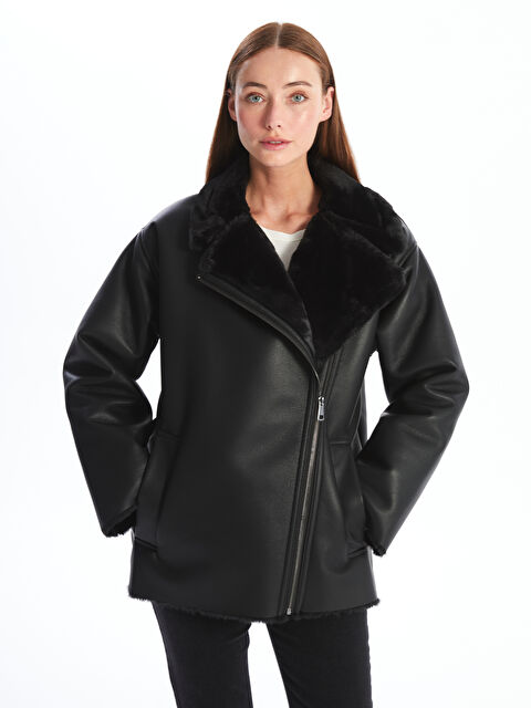 LCWAIKIKI Classic Kadın Biker Yaka Düz Deri Görünümlü Mont - W40790Z8-CVL