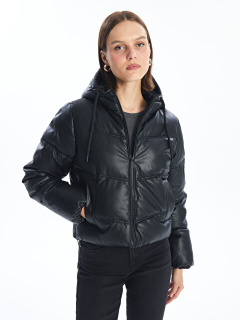 LCW Vision Kapüşonlu Düz Deri Görünümlü Kadın Şişme Mont - W40866Z8-CVL