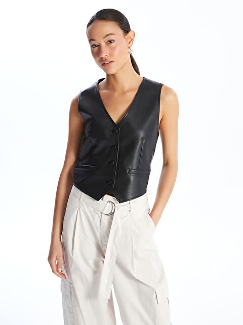 LCW Vision V Yaka Deri Görünümlü Kadın Klasik Yelek - W40896Z8-CVL