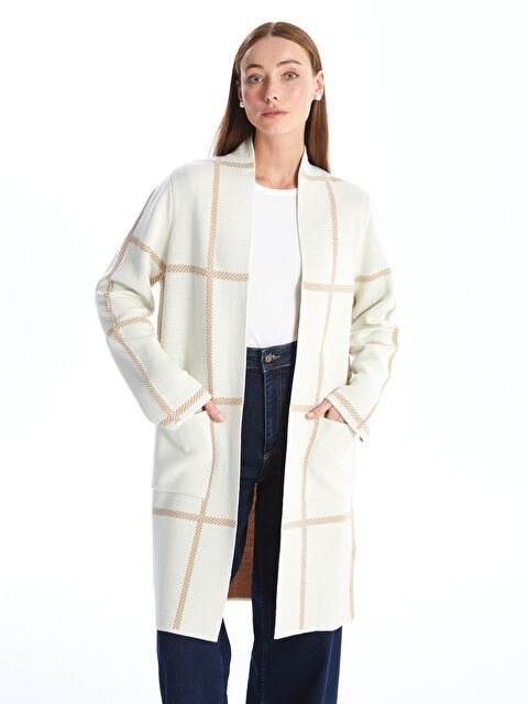 LCWAIKIKI Classic Şal Yaka Ekose Uzun Kollu Kadın Triko Hırka - W40949Z8-YJE