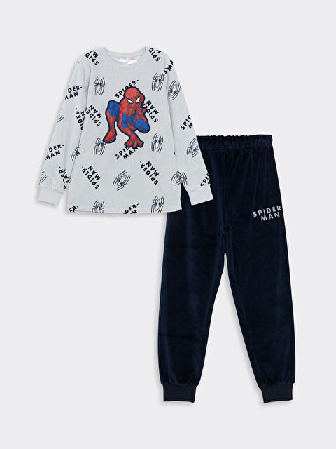 LCW Kids Bisiklet Yaka Spider-Man Nakışlı Kadife Erkek Çocuk Pijama Takımı - W41348Z4-G0Z