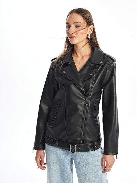 LCW Vision Biker Neck Women's Faux Leather Jacket - W41576Z8-CVL