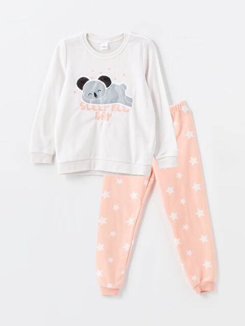 LCW Kids Bisiklet Yaka Nakışlı Polar Kız Çocuk Pijama Takımı - W42182Z4-FES