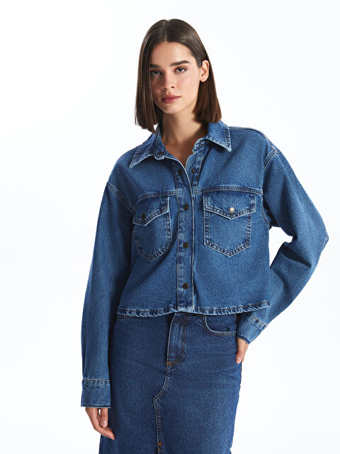 LCW Vision Düz Uzun Kollu Crop Kadın Jean Gömlek Ceket - W42214Z8-309