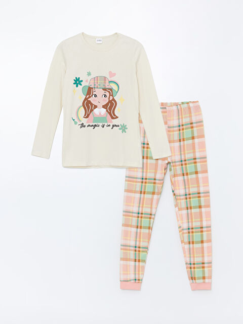 LCW Kids Bisiklet Yaka Baskılı Uzun Kollu Kız Çocuk Pijama Takımı - W42491Z4-FRC