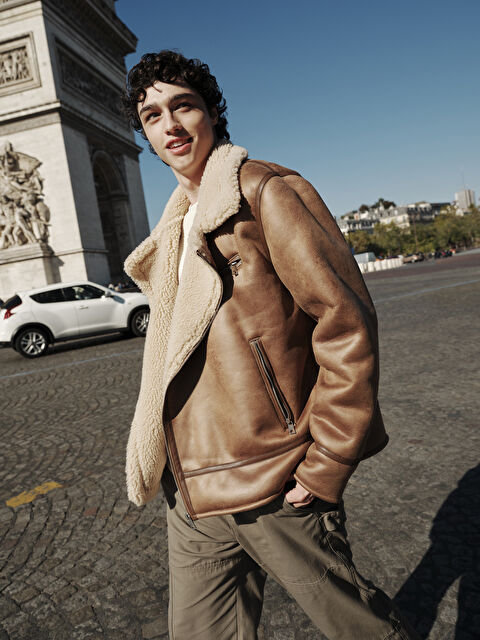 XSIDE Slim Fit Biker Yaka Erkek Deri Görünümlü Mont - W42522Z8-J0V