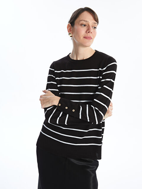 LCW Grace Bisiklet Yaka Çizgili Uzun Kollu Kadın Triko Kazak - W42550Z8-LEG