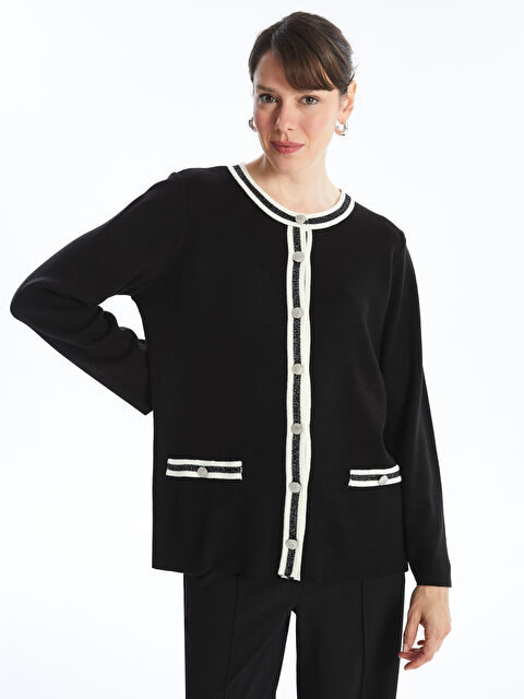 LCW Grace Bisiklet Yaka İşlemeli Uzun Kollu Kadın Triko Hırka - W42555Z8-CVL