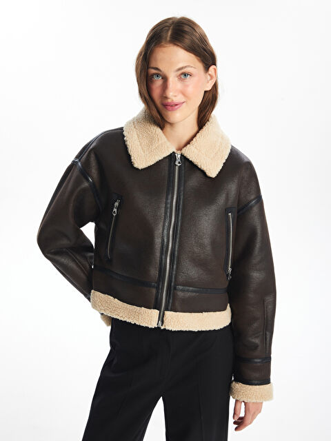 XSIDE Gömlek Yaka Oversize Kadın Deri Görünümlü Mont - W42901Z8-YC7