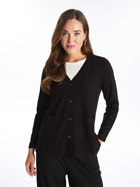 LCW Grace V Yaka Kendinden Desenli Uzun Kollu Kadın Triko Hırka - W43078Z8-CVL