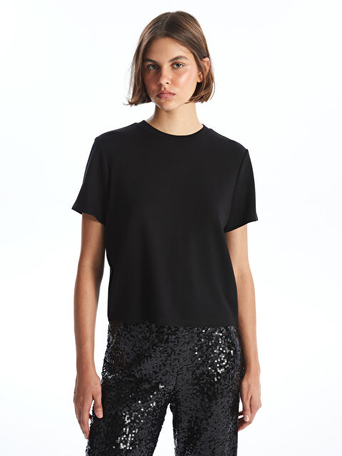 LCW Vision Bisiklet Yaka Düz Kısa Kollu Kadın Tişört - W43315Z8-CVL